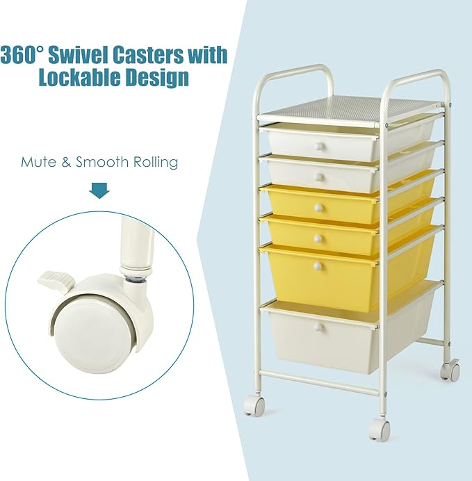 Giantex 6 Storage Drawer Cart Rolling Organizer Cart for Tools Scrapbook Paper Home Office School Multipurpose Mobile Utility Cart (Beige & Yellow)