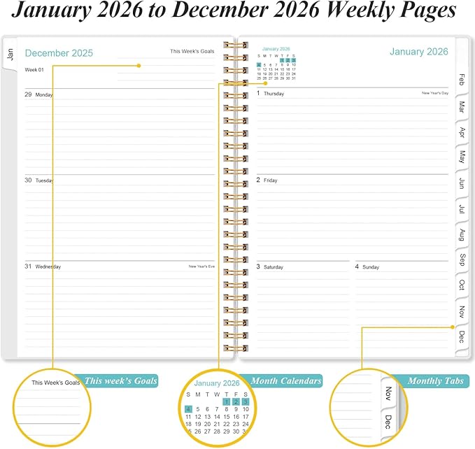 2026 Planner - Planner 2026 from January 2026 - December 2026, Weekly & Monthly Planners Spiral Bound with 12 Monthly Tabs, Inner Pocket, 6.4" x 8.5", Green