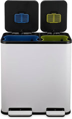 70 Liter / 18.5 Gallon Rectangular Hands-Free Dual Compartment Recycling Kitchen Step Trash Can with Soft-Close Single Lid, Stainless Steel (40L x 30L Capacity), White