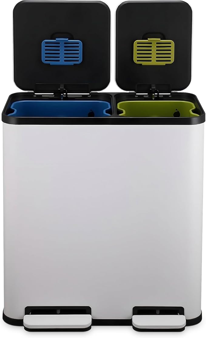 70 Liter / 18.5 Gallon Rectangular Hands-Free Dual Compartment Recycling Kitchen Step Trash Can with Soft-Close Single Lid, Stainless Steel (40L x 30L Capacity), White