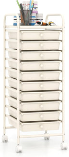 Giantex 10-Drawer Storage Cart w/Universal Wheel, Rolling Cart w/Handle, Home Organizer Storage Unit w/Removable Drawers, Trolley Utility Cart for Kitchen Makeup Living Room Office Play Room, Ivory