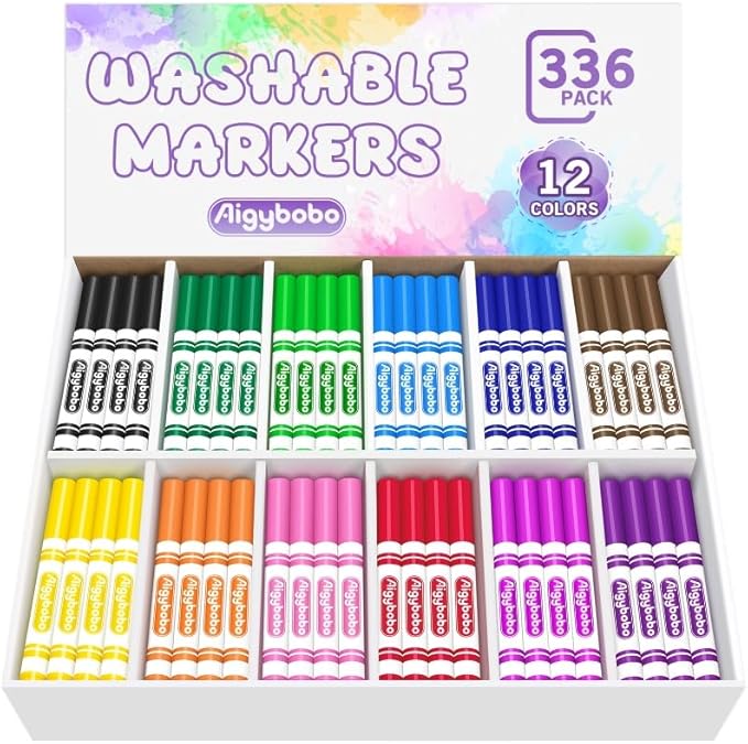 Aigybobo 336 Count Washable Markers Bulk, 12 Assorted Colors, Broad Line Conical Tip Coloring Marker for Kids, Markers Bulk Pack for Classroom, School Art Supplies & Back to School Supplies