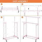 Calmootey Double Rod Clothing Garment Rack,Rolling Hanging Clothes Rack,Portable Clothes Organizer for Bedroom,Living Room,Clothing Store,Pink