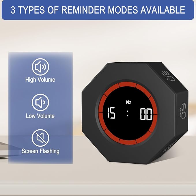 GuDoQi Digital Productivity Timer, Octagon Rotating Pomodoro Timers with Gravity-sensor, 1-3-5-15-30-60-90 Min Countdown, Portable Adjustable Sound Alert Multi Desk Timer or Study Task, Kitchen, Black
