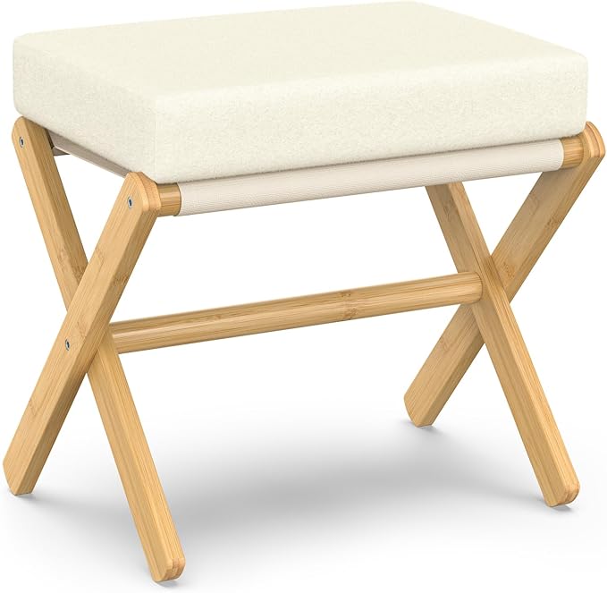 BAMBOOHOMIE Foldable Foot Stool Ottoman, Modern Foot Rest with Bamboo X Legs & Thick Foam Cushion, Folding Foot Stools Small Padded for Bedroom Living Room, Footstool for Chair Couch (Natural - Beige)