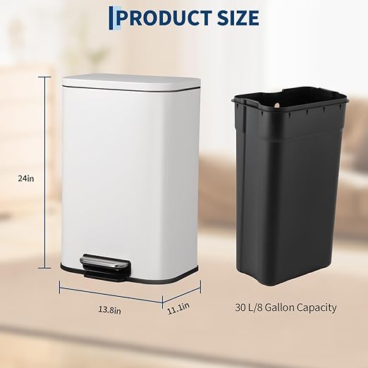 Takywep 8 Gallon Brushed Stainless Steel Trash Can with Soft-Close Lid, 3.2/5.3/8/13.2 Gallon Smudge-Resistant Compact Garbage Bin for Kitchen, Bathroom, Office - Black & White