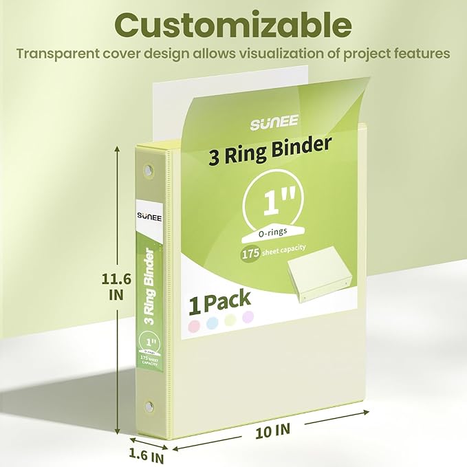 SUNEE 3 Ring Binder 1 Inch 1 Pack, Clear View Binder Three Ring PVC-Free (Fit 8.5x11 Inches) for School or Office Supplies, Light Yellow