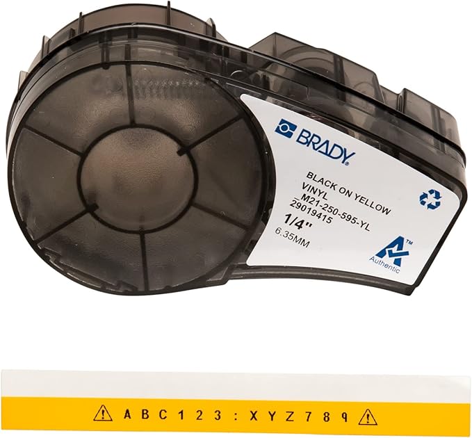 Brady Authentic (M21-250-595-YL) All-Weather Vinyl Label for Indoor/Outdoor ID, Lab and Equipment Labeling, Black on Yellow- For M210, M210-LAB, M211, BMP21-PLUS and BMP21-LAB Printers, .25" W, 21' L