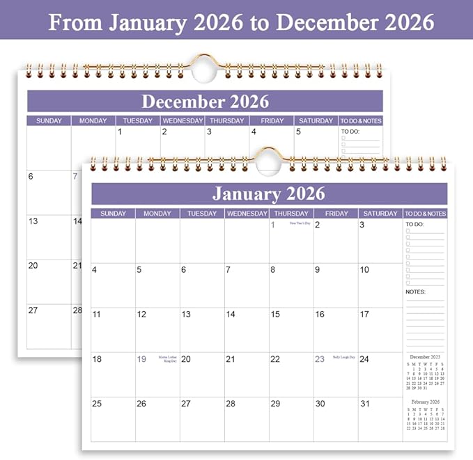 2026 Calendar - Calendar 2026 from January 2026 - December 2026, Wall Calendar 2026 with Thick Paper, 11.5" x 14.5", Purple