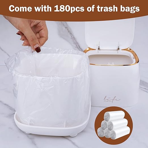 Business King Mini Trash Can 1.6L/0.4 Gallon with Trash Bags 180pcs, Tiny Small Desktop Trash Bin with Lid, Countertop Mini Garbage Bin for Home, Office, Kitchen, Bedroom, Bathroom (White)