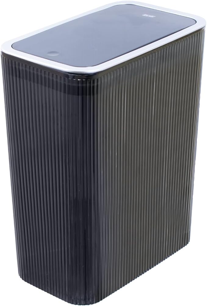 Glad Bathroom Trash Can, 2.6 Gallon (10L) - Slim Plastic Waste Basket with Pop-Up Lid and Bag Ring - Colored Clear Trash Can for Bedroom, Office, College Dorm - Smokey Grey