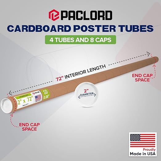 Paclord 2" x 72" Reinforced Kraft Paper Mailing Tube, Pack of 4 Tubes with 8 Caps – Secure USPS Approved Poster Tube – Cardboard Tube for Shipping and Storing Posters, Prints, Artwork, or Documents