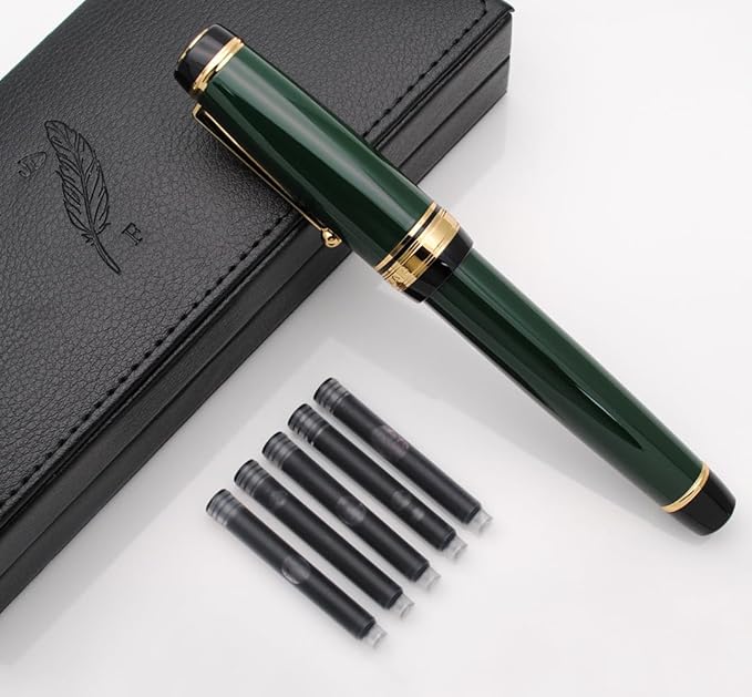 xixixiaozhu Metal Big Fountain Pen Set Medium Nib 0.7mm, Includes Ink Refill Converter, 5 Ink Cartridges & Gift Box (Medium Nib 0.7mm, Green)