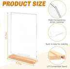 Acrylic Sign Holder 8.5" x 11" with Wooden Base, 4 Pack Adjustable Vertical/Tilt Acrylic Display Stands for Flyers, Menus, Picture Frames