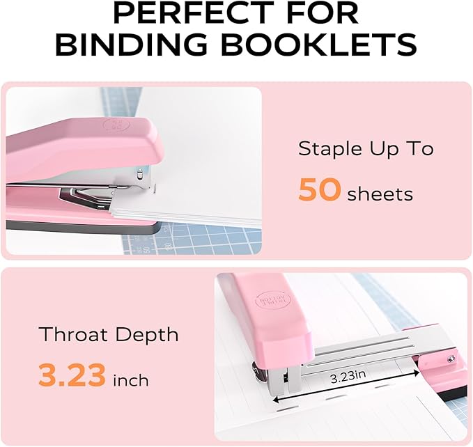 Marsrock Desktop Stapler, Swing-Arm Swivel Stapler, 50 Sheet Capacity, 2000 Staples and Staple Remover, Rotatable Heavy Duty Staplers for Office, Home, Classroom, Booklet, Book Binding,Pink