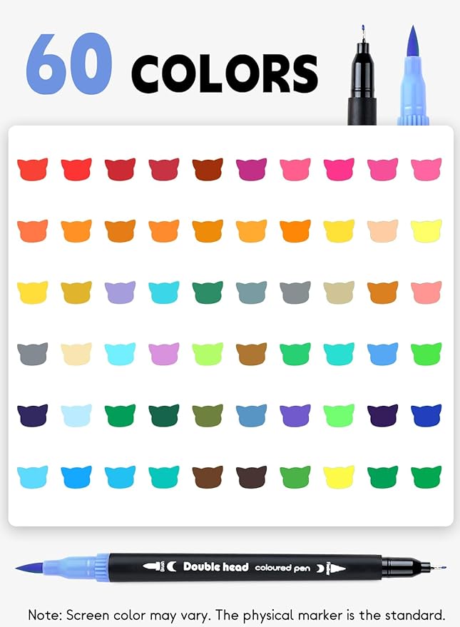 AEDAGA 60 Colors Dual Tip Brush Pens, Fine Felt Tip and Brush Tips Colored Pens for Adults, Coloring Markers for Coloring Book Bullet Journaling Note Taking Hand Lettering