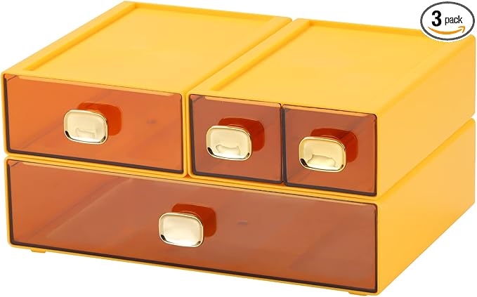OSteed Spacious Desktop Storage Box, 1 Large 1 Middle & 2 Small Storage Drawers, Stackable Office Desk Drawer Organizer and Accessories, Printer Paper Organizer, Yellow Plastic Drawers for Workspace