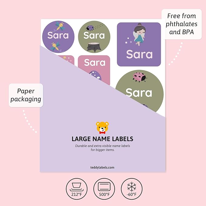 Large Name Labels for Kids (33) - Custom Stickers for Daycare and School Supplies - Durable, Waterproof Stickers for Water Bottles, Lunch Boxes, and More with Unique Designs - Fairy