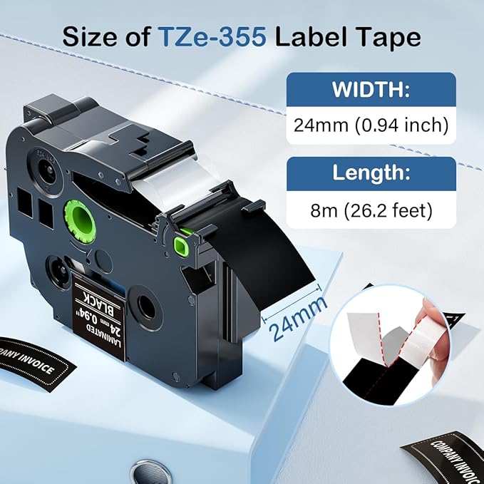 Labelife 24mm Black Label Tape TZe-355 Compatible with for Brother P Touch 1 Inch TZe TZ Tape 24mm 0.94 Laminated White on Black Work with Brother Ptouch PTD600 PTP710BT PTP700 P750W, 5-Pack