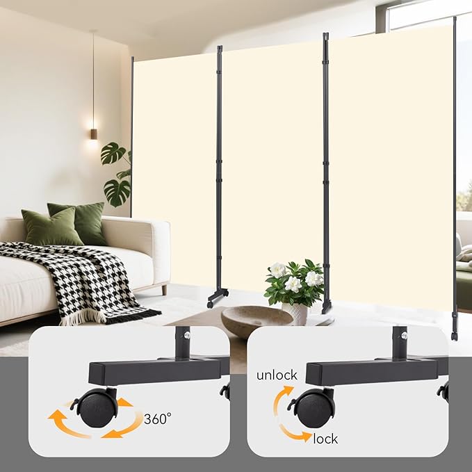 Room Divider (3 Panel) Wall Divider for Room Separation, 102 inch Wide Portable Privacy Screens W/Wheels, Metal Frame Freestanding Room Separators 5.6FT Room Partitions and Dividers