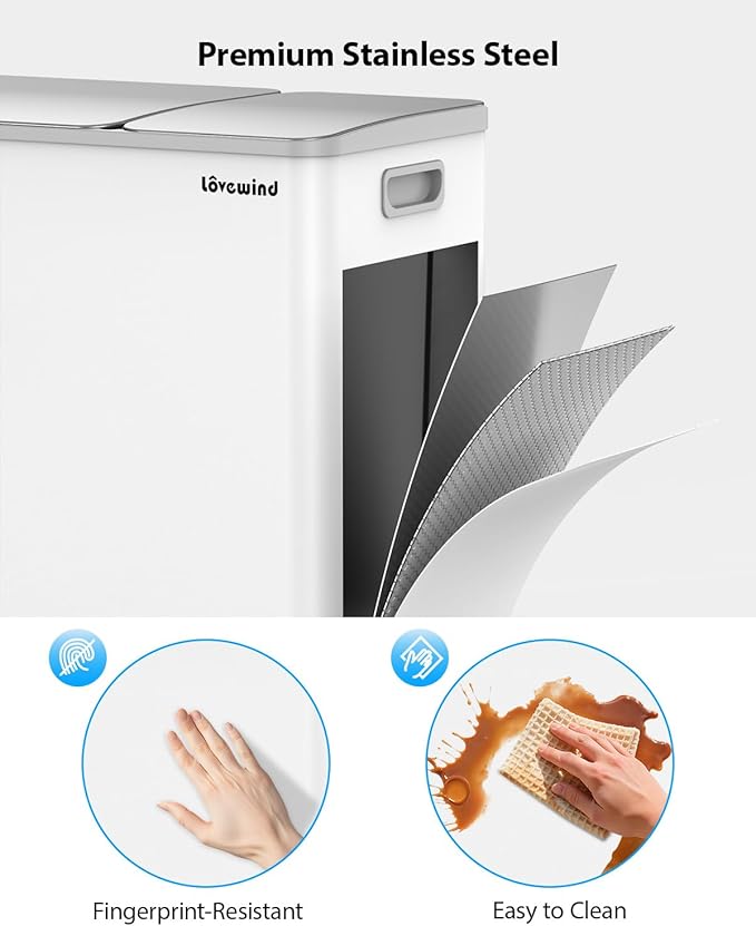 Lovewind Dual Trash Can, 14 + 6 Gallon Garbage Can for Kitchen Dual Compartment Recycling Kitchen Step Trash Bin, Stainless Steel Trash and Recycle Bin Combo with Soft-Close Lid, White