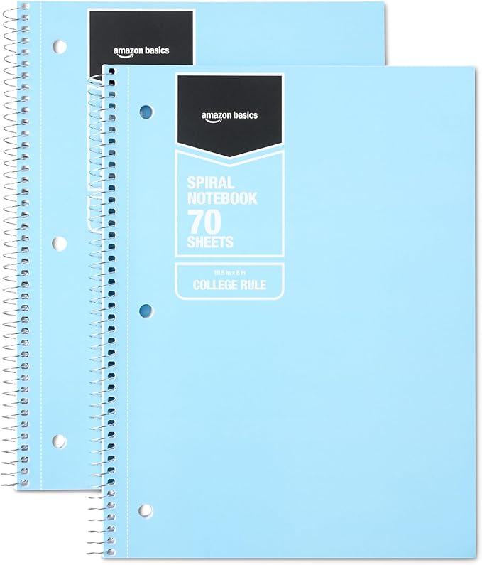 Amazon Basics Spiral Notebooks, College-Ruled Notebook, Notebooks for School, Office, and Home, Lightweight Poly Cover, 70 Sheets, 10.5" x 8", Light Blue, 2-Pack