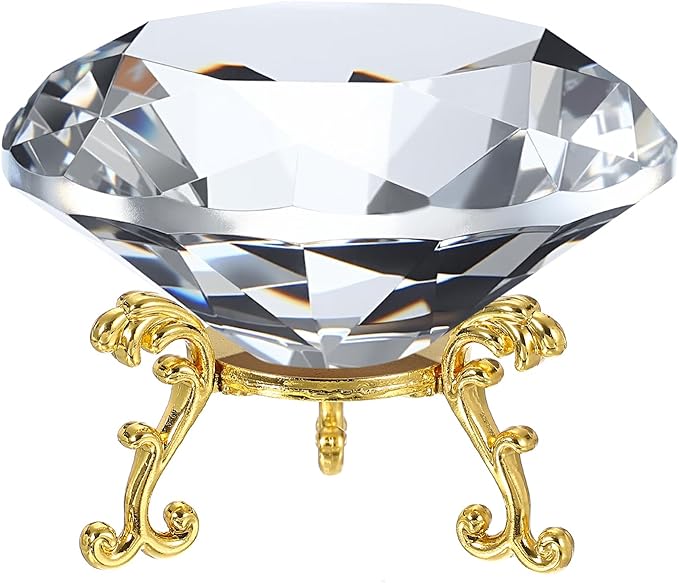 PATIKIL Diamond Crystal Paperweight, 100mm / 3.94" Crystal Paperweight Paper Weight with Gold 25 Metal Base for Home Office Desktop Table Decor Wedding Party Ornaments, Clear