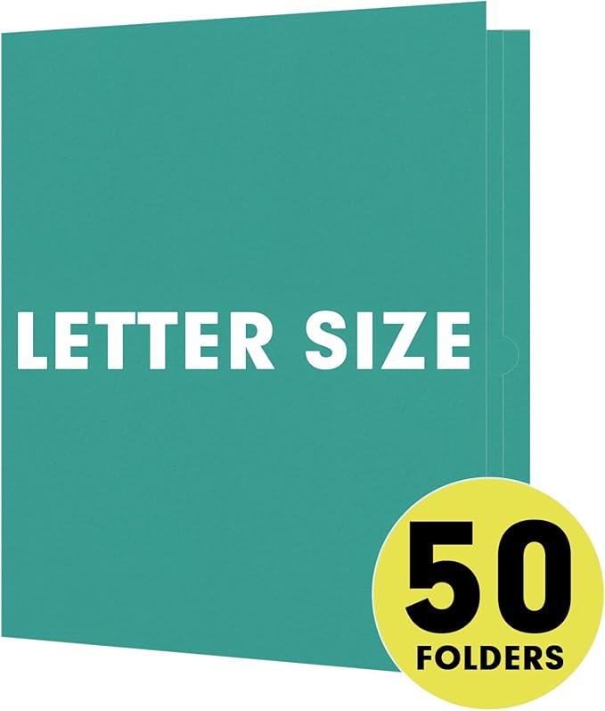 Two Pocket Folders, RAZCC 50 Pack 2 Pocket Folders Fit Letter Size Paper, Paper Folders with Pockets for School Office Business Home (Turquoise)