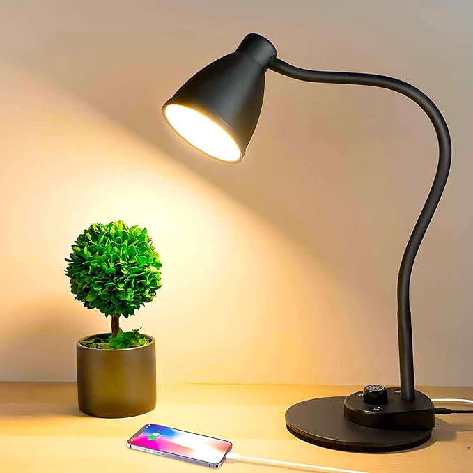 BOHON LED Desk Lamp with USB Charging Port 3 Color Modes Dimmable Reading Light Intelligent Induction Auto Dimming Task Lamp Neck Flexible Table Lamp for Bedside Office, AC Adapter Include