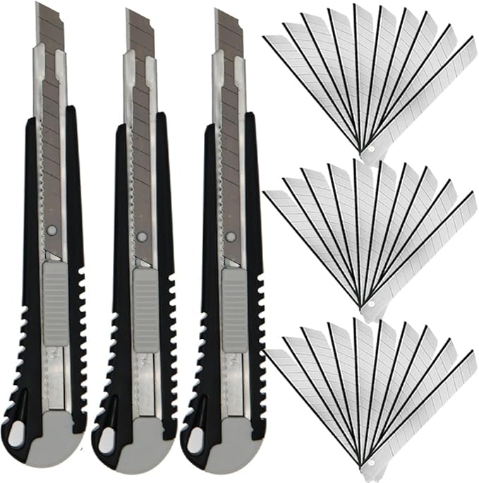 WEKOIL 9mm Snap Off Utility Knife 3 Pack High Hardness Retractable Box Cutters with 30 Pcs Snap Off Blades,Package Cutter 9mm Knife for Home Office Workstation,Black
