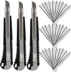 WEKOIL 9mm Snap Off Utility Knife 3 Pack High Hardness Retractable Box Cutters with 30 Pcs Snap Off Blades,Package Cutter 9mm Knife for Home Office Workstation,Black