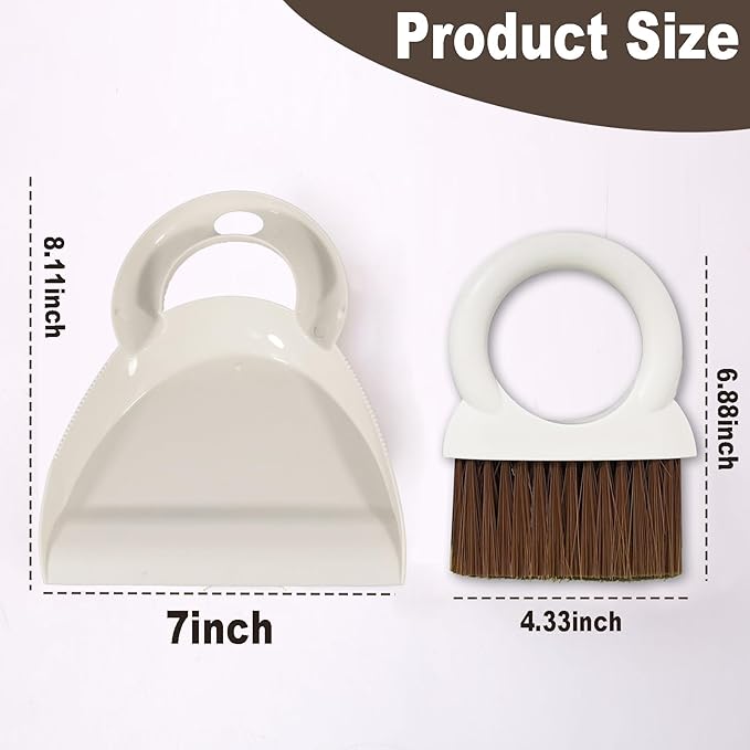 Round Handle Brush and Dustpan Set Small Broom & Dustpan Portable Handheld Sweeper for Desktop Sofa Floor Pet Nest (Off White)