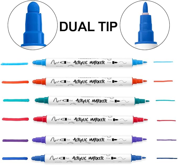 TRANSON 24 Color Bold and Fine Dual-tip Acrylic Paint Pen Set for Canvas Rock Wood Leather Ceramic DIY Painting
