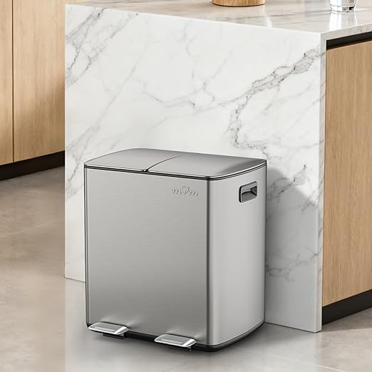 mVm Kitchen Trash Can,2x5.3 Gallon(2 x 20 L)Dual Trash cans and Recycle Bin Combo with Foot-Pedal,Anti-Fingerprint,Soft-Close,Brushed Stainless Steel Garbage Can for Kitchen,Living Room(Metallic Gray)