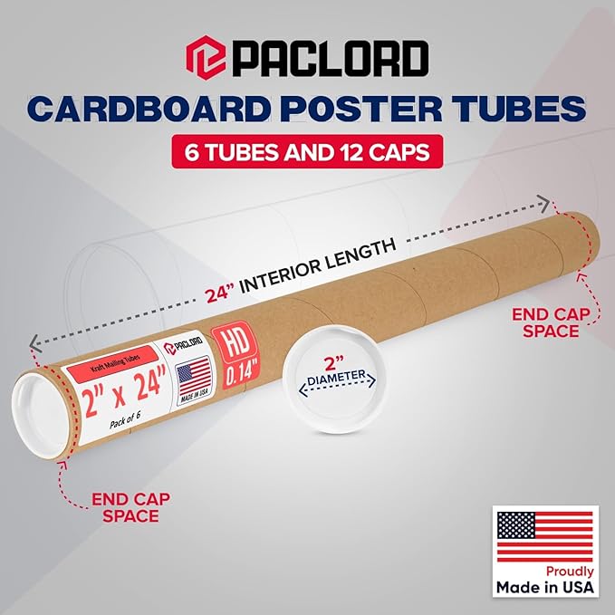 Paclord 2" x 24" Heavy-Duty Reinforced Cardboard Mailing Tube, Pack of 6 Tubes with 12 Caps – Secure USPS Approved – Great for Shipping and Storing of Prints, Artwork, Posters or Documents
