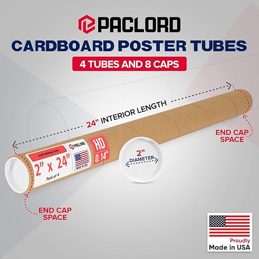 Paclord 2" x 24" Heavy-Duty Reinforced Cardboard Mailing Tube, Pack of 4 Tubes with 8 Caps – Secure USPS Approved – Great for Shipping and Storing of Prints, Artwork, Posters or Documents