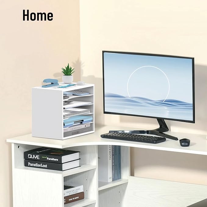 SHARKWOODS 5-Tier Wood Desk Organizer, Paper Tray Organizer for Desk with Adjustable Storage Shelves, Desktop File Organization Paper Sorter Mail Holder for Office Home Classroom, White
