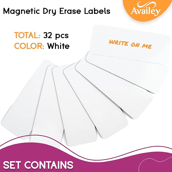 Availey 32 Pieces (4 x 1.8) - White Magnetic Dry Erase Labels - Reusable Strips for Classroom Home Office Garage Refrigerator - Blank Writable Erasable Cards - Name Tags Students Locker Shelf