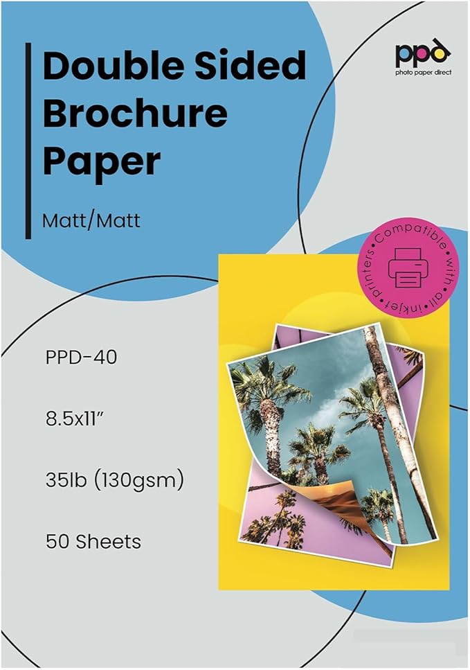 PPD Double Sided Photo Paper, Matte Brochure Paper 8.5 x 11 for Inkjet Printer, 130 gsm, 6.3 mil Thick for Magazine, Flyer, Presentation, Program, Instant Dry & Water Resistant (50 Sheets)