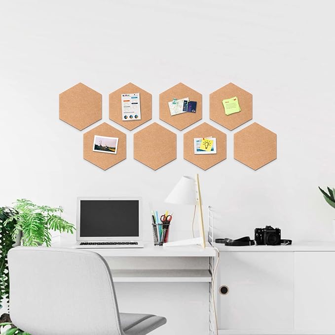 Uoisaiko 12" Large Bulletin Board with 30 Push Pins, Pack of 8 Hexagon Felt Pin Board Notice Boards for Home Office, Felt Wall Tiles for Photos Memos (Brown)