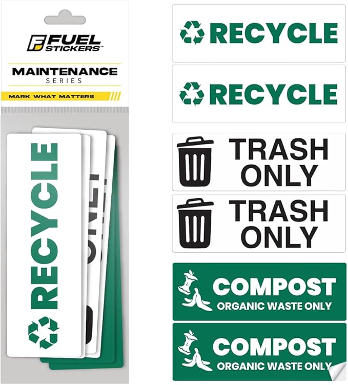 Recycle Trash Compost Sticker Set – Heavy-Duty Trash Bin Labels - 3-5 Year Indoor/Outdoor Rated - Weather Proof, Ultra Durable - USA Made (6x2 inch), 10 Labels of Each, 30 Total