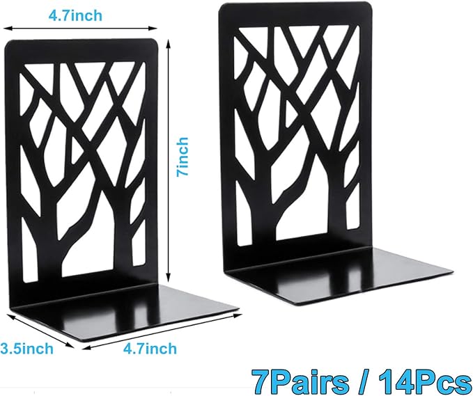 MSDADA Black Metal Bookends (7 Pairs, 14 Pieces) for Shelves, Office, Heavy Books, Home Decor