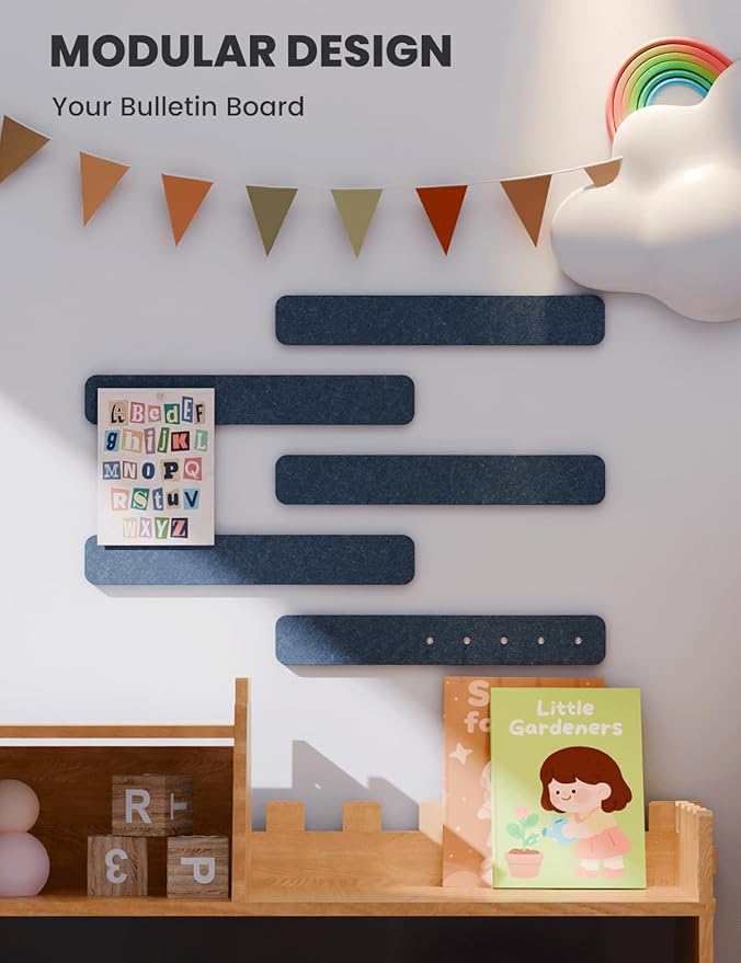 Fluxynara Cork Board Alternative Felt Strip Board 5-Pack 13"x2", Office Pin Board with 35 Push Pins, Adhesive Install for Bedroom Door & Home Office(Denim Blue)