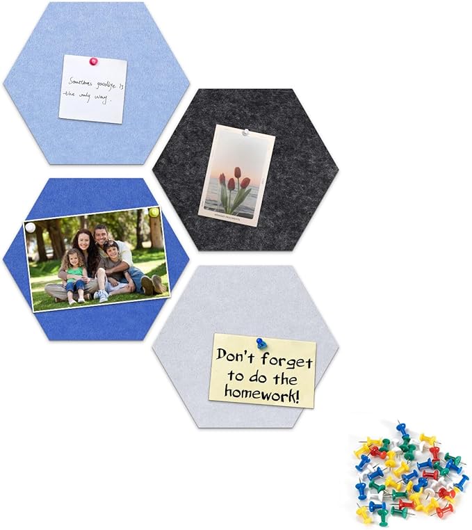 Uoisaiko 12" Large Bulletin Board with 15 Push Pins, Pack of 4 Hexagon Felt Pin Board Notice Boards for Home Office, Felt Wall Tiles for Photos Memos (Blue Grey)