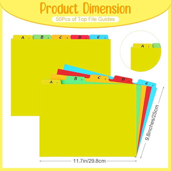 Noveread 1 Set 25 Alphabet File Dividers A-Z Tab Letter Size 1/5 Cut Tab Positions Alphabetical Number File Folder Organizer Guides Cabinet and Desk Dividers for School Office (Yellow)