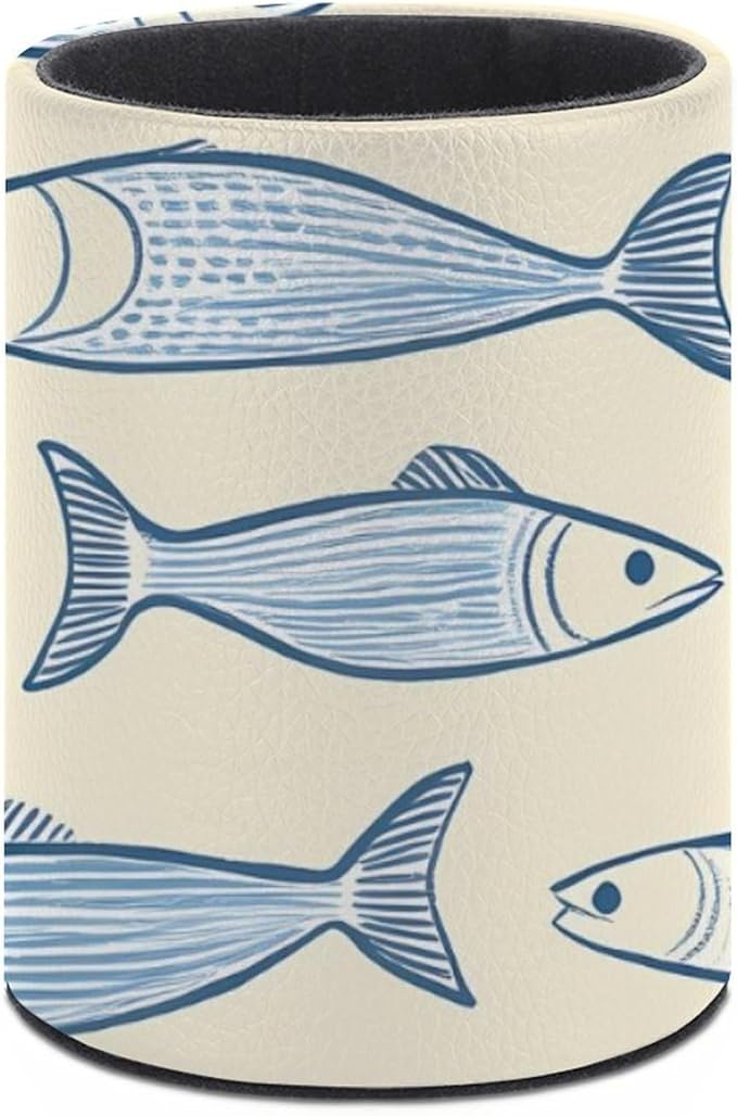 Sardine Fish Pencil Holder Leather Desk Organizer Stand Round Pen Cup Container for Home Office