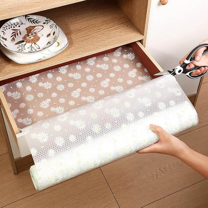 Daisy Flower Shelf Liner for Kitchen Cabinets, Non-Adhesive Drawer Liners, Non-Slip Refrigerator Mat, Washable EVA Cabinet Liner for Pantry, Fridge, Closet, Cupboard, 12" x 20 FT