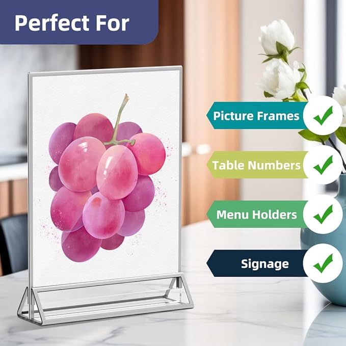PPH-Sisy Clear Acrylic Sign Holder 8.5X11 with Silver Borders Display Stand, Double Sided Acrylic Picture Frames Plastic Sign Holder for Wedding Table Numbers Menu Holder (6 Pack)