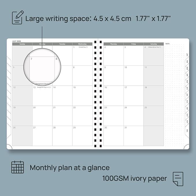 POPRUN 2026 Planner Weekly Notebook Calendar (Jan-Dec), Large Size 8.5'' x 10.5'' - Agenda 2026 Appointment Book with Monthly Tabs, Inner Pocket, Spiral Soft Cover, 100 GSM - Brown
