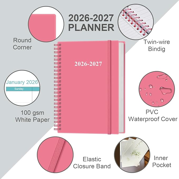 2026-2027 Planner - 18 Months Weekly & Monthly Planner from January 2026 - June 2027, Spiral Planners 2026-2027 with Elastic Closure, Inner Pocket, Medium 5.8" x 8.3", Pink